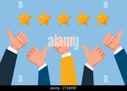 Vettore delle mani delle persone che danno il pollice, concetto di recensione del cliente, valutazione a cinque stelle e feedback positivo Illustrazione Vettoriale