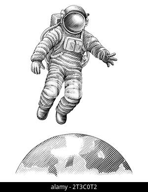 Astronauta disegno a mano stile incisione clip art in bianco e nero Illustrazione Vettoriale