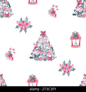 Motivo ad acquerello senza cuciture per Natale e Capodanno. Illustrazione disegnata a mano con albero di Natale, lanterna, anemone su sfondo bianco Foto Stock