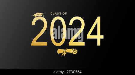 Classe del 2024. Congratulazioni ai laureati nel concetto di celebrazione con elementi decorativi. Modello di progettazione per tipografia di graduazione, banner. Foto Stock
