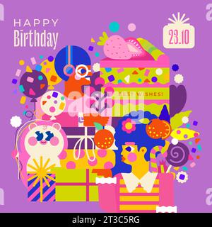 Festeggia un compleanno speciale con questa adorabile illustrazione! Un ragazzo con un fiore, una ragazza che regge regali meravigliosamente avvolti, un grazioso orsacchiotto Illustrazione Vettoriale