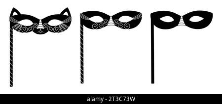 Maschere nere con bastoncini, set di illustrazioni vettoriali in bianco e nero Illustrazione Vettoriale