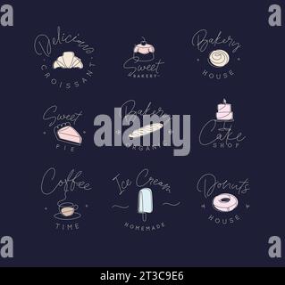 Etichette per prodotti da forno e dessert lineari: Croissant, cupcake, torta, baguette, torta, caffè, gelato, ciambelle con disegno lettering in stile pennarello sul blac Illustrazione Vettoriale