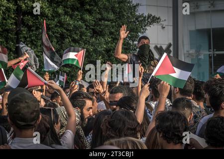 La folla di manifestanti con bandiere palestinesi e Keffiyeh alla manifestazione di protesta pro-Palestina e anti-Israele a Tunisi dopo l'esplosione dell'ospedale a Gaza Foto Stock