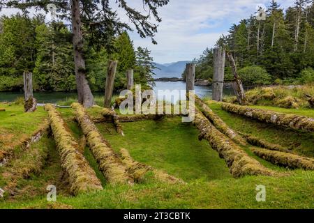 Resti di una dimora solitaria presso Sgang Gwaay Llnagaay, sito patrimonio dell'umanità dell'UNESCO, un antico villaggio situato nella riserva del Parco Nazionale di Gwaii Haanas, Haida Gwaii, B. Foto Stock