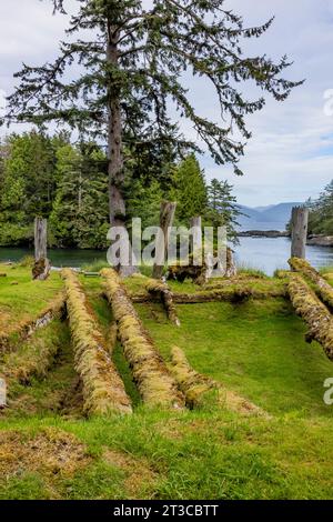 Resti di una dimora solitaria presso Sgang Gwaay Llnagaay, sito patrimonio dell'umanità dell'UNESCO, un antico villaggio situato nella riserva del Parco Nazionale di Gwaii Haanas, Haida Gwaii, B. Foto Stock