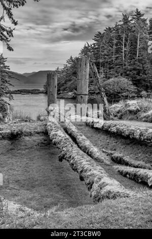 Resti di una dimora solitaria presso Sgang Gwaay Llnagaay, sito patrimonio dell'umanità dell'UNESCO, un antico villaggio situato nella riserva del Parco Nazionale di Gwaii Haanas, Haida Gwaii, B. Foto Stock