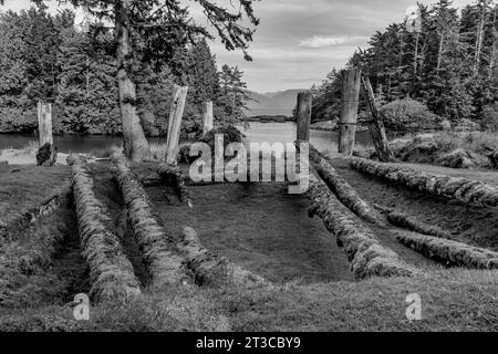 Resti di una dimora solitaria presso Sgang Gwaay Llnagaay, sito patrimonio dell'umanità dell'UNESCO, un antico villaggio situato nella riserva del Parco Nazionale di Gwaii Haanas, Haida Gwaii, B. Foto Stock