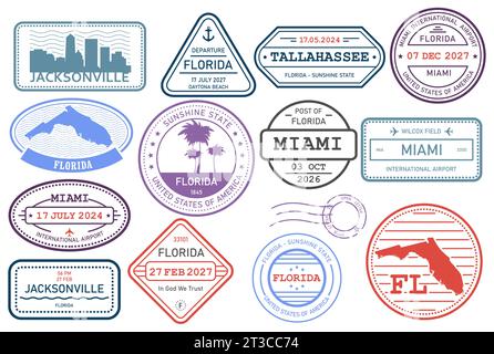 Set di francobolli Florida, francobollo con simboli di stato e contorno della mappa, vettore Illustrazione Vettoriale