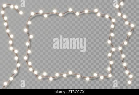 Ghirlande elettriche con lampadine bianche. Luci di Natale isolate su sfondo trasparente. Decorazioni natalizie con luci brillanti per Natale Illustrazione Vettoriale