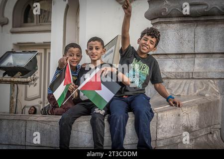 I giovani con bandiere palestinesi alla manifestazione di protesta pro-Palestina e anti-Israele a Tunisi, in Tunisia, dopo l'esplosione dell'ospedale nella striscia di Gaza. Foto Stock