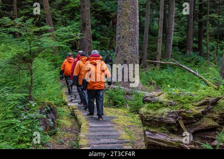 Tour di gruppo lungo il sentiero che porta al sito patrimonio dell'umanità dell'UNESCO Sgang Gwaay Llnagaay, alias Ninstints, nella riserva del Parco Nazionale di Gwaii Haanas, Haida Gwaii, Bri Foto Stock