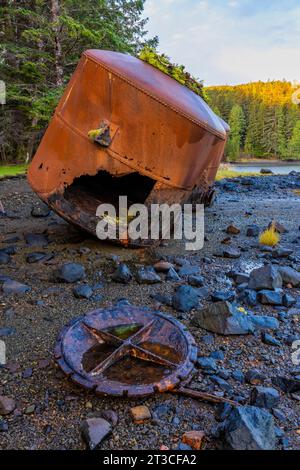 Vecchi e arrugginiti digestori di ossa di balena e blubber lasciati alla vecchia Rose Harbour Whaling Station, nella Gwaii Haanas National Park Reserve, Haida GWA Foto Stock