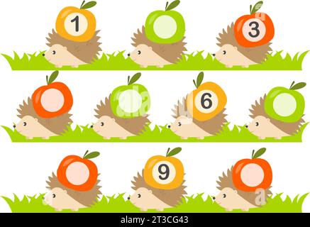 Gioco educativo per bambini, foglio di lavoro dell'attività matematica. Inserire i numeri mancanti. Hedgehog con mela Illustrazione Vettoriale