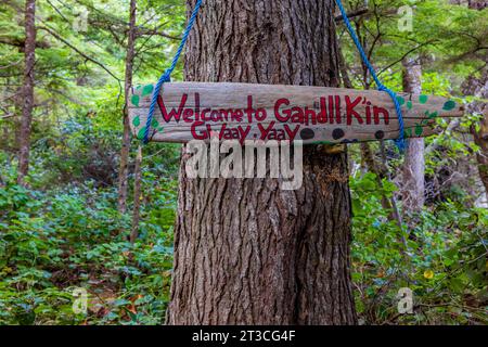 Cartello di benvenuto lungo il sentiero per le sorgenti termali di Gandll K'in Gwaay.yaay, conosciuta anche come Hotspring Island, nella riserva del Parco Nazionale di Gwaii Haanas, Haida Gwaii, B. Foto Stock