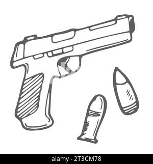 Schizzo della pistola in stile Doodle in formato vettoriale. Include anche il proiettile. Illustrazione Vettoriale