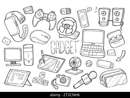 Gadget strumenti per computer icone di Doodle tradizionali Sketch Hand Design Vector. Illustrazione Vettoriale