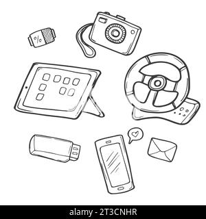 Scarabocchi vettoriali disegnati a mano. Set di oggetti isolati e lettere. Gadget Illustrazione Vettoriale