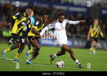 Swansea, Regno Unito. 24 ottobre 2023. Jamal Lowe della città di Swansea (r) in azione. Partita di campionato EFL Skybet, Swansea City contro Watford allo Stadio Swansea.com di Swansea, Galles, martedì 24 ottobre 2023. Questa immagine può essere utilizzata solo per scopi editoriali. Solo per uso editoriale, foto di Andrew Orchard/Andrew Orchard fotografia sportiva/Alamy Live news credito: Andrew Orchard fotografia sportiva/Alamy Live News Foto Stock