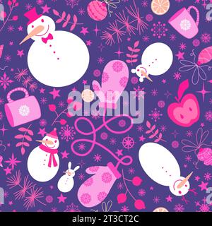 Pupazzo di neve senza cuciture e fiocchi di neve e tazza di tè e mele per confezionare carta, tessuti e biancheria e accessori per l'anno nuovo Foto Stock