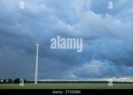 due turbine eoliche si trovano nella fattoria con il cielo nuvoloso sullo sfondo Foto Stock