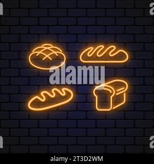 Icone al neon con set di pane in stile line art su sfondo chiaro. Illustrazione vettoriale Illustrazione Vettoriale