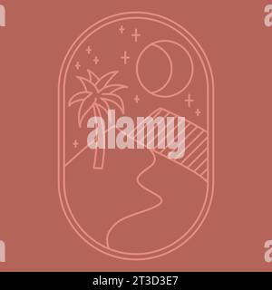 Night Oasis in terracotta con logo boho. sabbia, luna, palme, stelle icona estetica del paesaggio. Illustrazione del vettore di stock isolata su sfondo bianco in linea Illustrazione Vettoriale