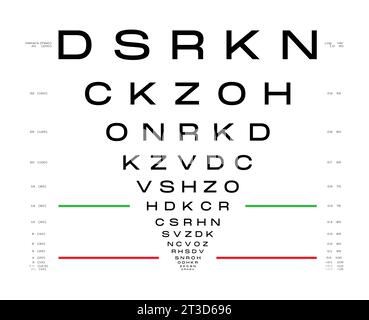 Grafico LogMAR grafico per test oculari illustrazione medica. Contorno stile di schizzo vettoriale di linea isolato su sfondo bianco. Pannello ottico ottico oftalmico per il controllo visivo degli occhiali da vista Illustrazione Vettoriale