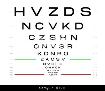 Grafico LogMAR grafico per test oculari illustrazione medica. Contorno stile di schizzo vettoriale di linea isolato su sfondo bianco. Pannello ottico ottico oftalmico per il controllo visivo degli occhiali da vista Illustrazione Vettoriale