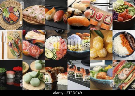 Diversi gustosi piatti asiatici. Collage con sushi, sashimi, panini e altro Foto Stock