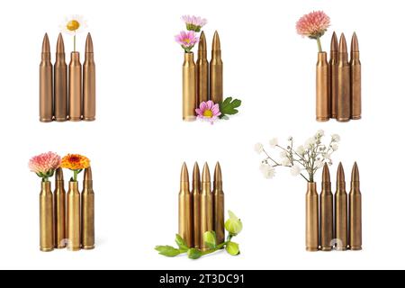 Set di proiettili e bellissimi fiori isolati su bianco Foto Stock