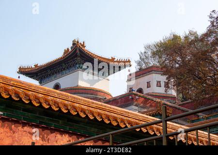 Paesaggio culturale del Palazzo d'Estate a Pechino, Cina. Primo piano sugli antichi padiglioni in terracotta, cielo blu con spazio per la copia del testo Foto Stock