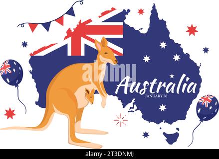 Illustrazione vettoriale di Happy Australia Day il 26 gennaio con mappa e bandiera australiana per banner o poster con disegno di sfondo di cartone animato piatto Illustrazione Vettoriale