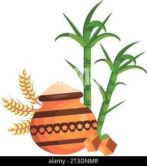 pongal jaggery e canna da zucchero Illustrazione Vettoriale