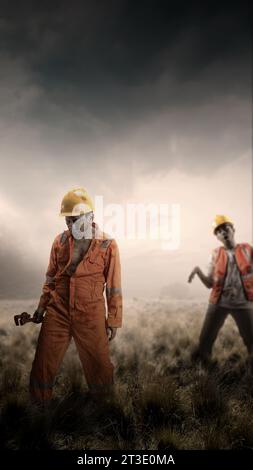 Uno spaventoso operaio edile zombie con sangue e ferite sul suo corpo cammina mentre trasporta una chiave per tubi sul prato. Zombie spaventoso. Hallow Foto Stock