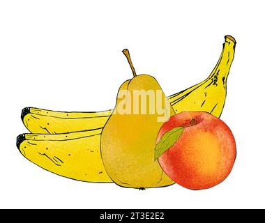 Composizione della frutta fresca isolata su fondo bianco. Banane, pera e pesca, concetto di stile di vita sano. Cibo vegetariano, illustrazione disegnata a mano. Foto Stock