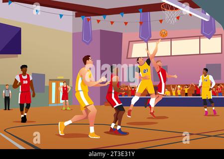 Un'illustrazione vettoriale del concorso scolastico di pallacanestro che gioca in una palestra Illustrazione Vettoriale