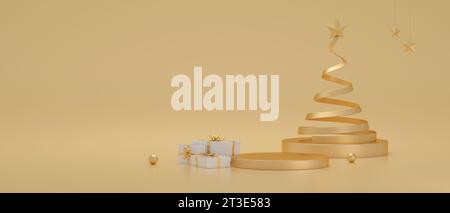 Podio albero di natale dorato e confezione regalo per le vacanze di natale. Buon natale. Rendering 3D. Foto Stock