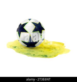 Disegno ad acquerello della palla da calcio in bianco e nero con stelle sul prato erboso. Sfera dipinta a Scillfully isolata su sfondo bianco. Per sfondi Foto Stock
