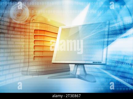 Computer desktop con un background tecnologico futuristico. illustrazione 3d. Foto Stock