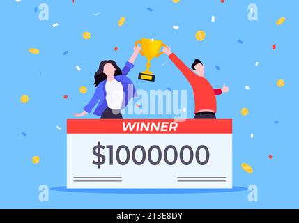 Felici vincitori della lotteria con uno stipendio da premio. Lotteria della fortuna o gioco d'azzardo del casinò concetto di giochi fortunati disegno in stile piatto illustrazione vettoriale. People ju Illustrazione Vettoriale