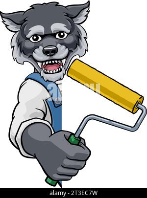 Wolf Painter Decorator Paint Roller Mascot Man Illustrazione Vettoriale