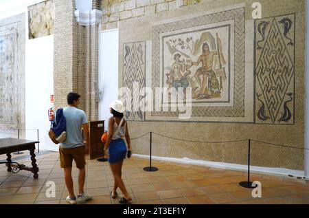 Spagna, Andalusia, Cordova: L'Alcazar de los Reyes Cristianos (castello dei monarchi cristiani). Turisti che visitano la sala dei mosaici (Salón de los Foto Stock
