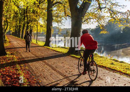 Preston, Lancashire. Meteo Regno Unito. 25 ottobre 2023. La giornata inizia con una bella luce ma nebbiosa, mentre il sole autunnale sorge sul fiume Ribble. I residenti locali fanno un leggero esercizio fisico lungo la passeggiata alberata lungo il fiume di Avenham Park. Credit MediaWorlImages/AlamyLiveNews Foto Stock