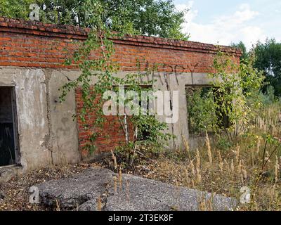 Edificio in mattoni a un piano abbandonato, Russia Foto Stock