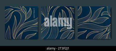 Set vettoriale di carte quadrate astratte di lusso dorate, modelli di post per l'invito al matrimonio, art deco lascia sfondo botanico. Schema Illustrazione Vettoriale