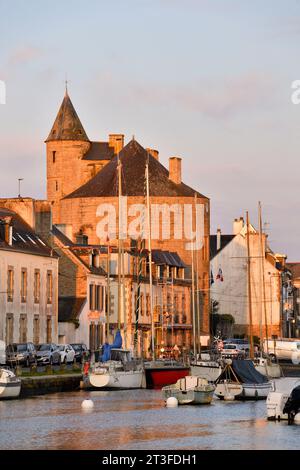 Francia, Finistere, Pont l'Abbe, il porto commerciale e il ponte vissuto (le pont habité), municipio ospitato nell'ex castello sullo sfondo Foto Stock