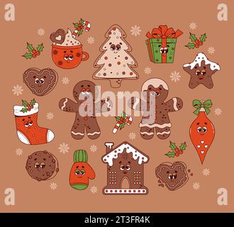 Personaggi dei cartoni animati retrò natalizi. Gingerbread uomo e casa, giocattoli sugli alberi, calze, regalo e cacao. Elementi vettoriali isolati e alla moda Illustrazione Vettoriale