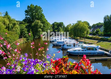 Francia, Morbihan, la Gacilly, il porto turistico sulle rive del fiume Aff Foto Stock