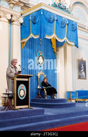 Melbourne, Australia. 25 ottobre 2023. La principessa Astrid del Belgio e il governatore di Victoria Margarate Gardner fotografati durante una chiamata di cortesia con il governatore di Victoria, alla Government House Victoria, durante la missione economica belga nel Commonwealth dell'Australia, a Melbourne, mercoledì 25 ottobre 2023. Una delegazione belga è in missione economica di 10 giorni in Australia dal 19 al 28 ottobre 2023. BELGA PHOTO BENOIT DOPPAGNE Credit: Belga News Agency/Alamy Live News Foto Stock